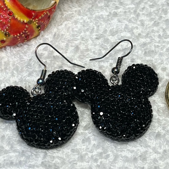 Betsey Johnson style black rhinestone look Mickey earrings,nickel free h… - Picture 6 of 9